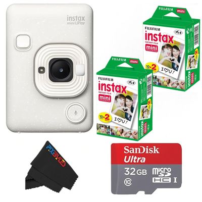 Fujifilm Mini LiPlay Hybrid Instant Camera with Mini Film, 32GB microSD Card, Charging Cable, Hand Strap and Pixibytes Microfiber Cleaning Cloth... (Misty White + 40 Sheets)