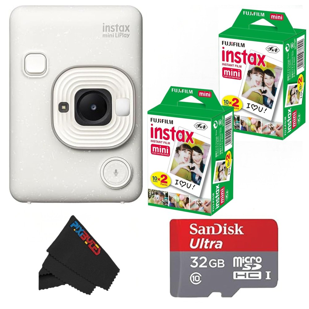 Fujifilm Mini LiPlay Hybrid Instant Camera with Mini Film, 32GB microSD Card, Charging Cable, Hand Strap and Pixibytes Microfiber Cleaning Cloth... (Misty White + 40 Sheets)