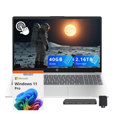 HP 15.6" FHD Touchscreen Laptop, Intel i5-1334U, 40GB DDR4 RAM, 2.16TB Storage (2TB SSD+160GB Docking Station Set), Intel Graphics, Copilot AI, Num Pad, Webcam, Wi-Fi 6, Win 11 Pro, Silver