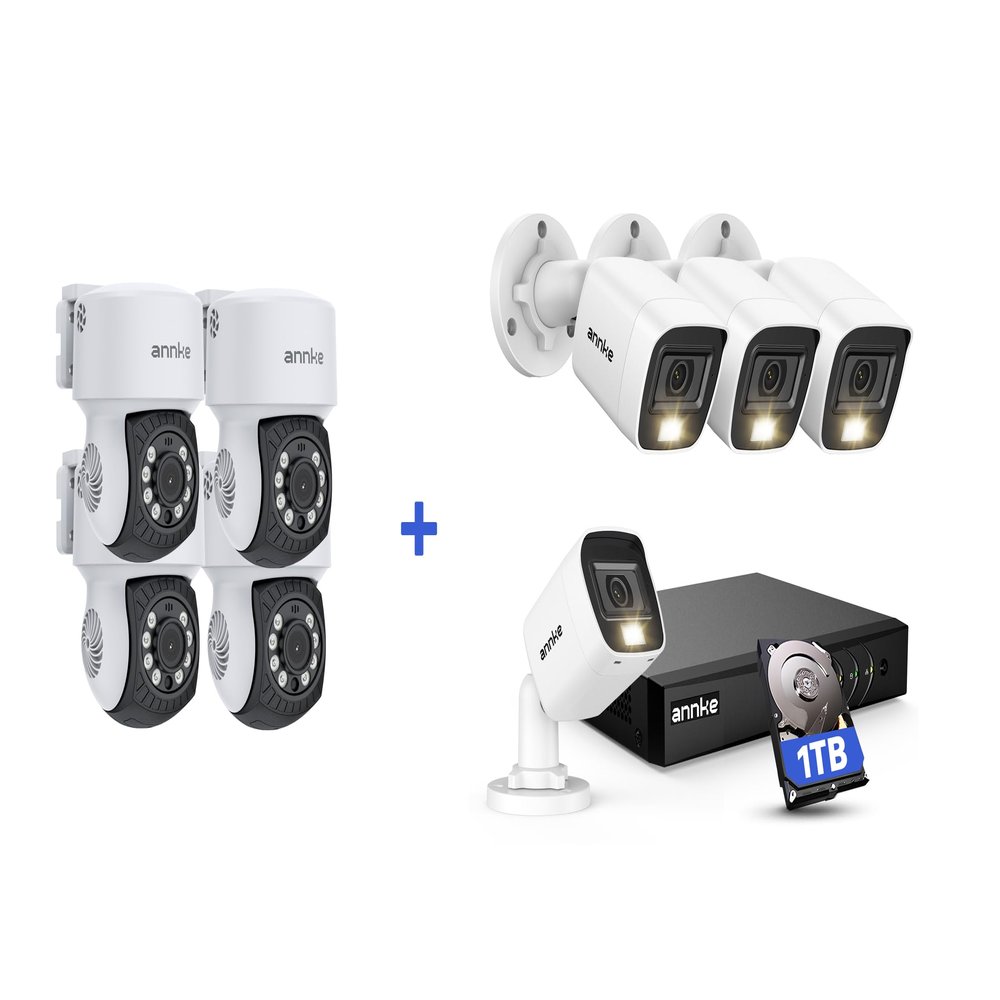 ANNKE 8CH 2MP Security Camera System, 8 Channel H.265+ DVR Recorder, AI Motion Detection, 4X 1080P White Cams with Color Night Vision, 4X 2MP Dome PT Wired Cams with 350 pan and 90 tilt, 1TB HDD