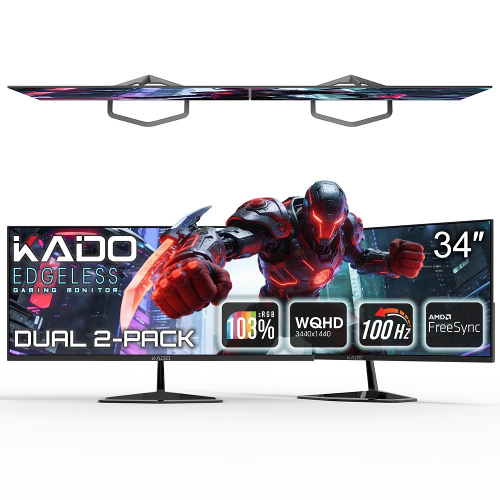 Kado Dual Gaming Monitor Setup - 2-Pack 34" Ultrawide 3440x1440 100Hz 5ms WQHD Computer Monitor 103% sRGB, Stacked Setup AMD FreeSync Premium, VESA Mount HDMI DisplayPort Built-in Speakers