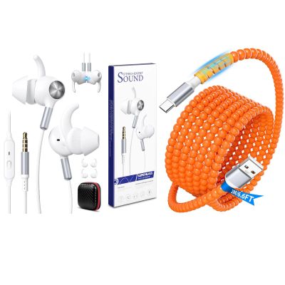 USB C Cable Beaded 6.6FT,USB A to Type C Fast Charging Cable,3.5mm Earbuds Wired Headphones with Secure Wingtip,4.9FT Noise Canceling 3.5 MM Jack Earphone,Airplane Travel Head Phone In Ear Buds for PC