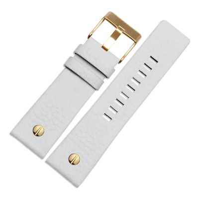 HuanJ Genuine Leather Strap Watchband 22 24 26 27 28 30mm Litchi Grain Compatible With Diesel DZ4316 DZ7395 DZ7305 Watch Band Watch Bracelet(White gold buckle,28mm)