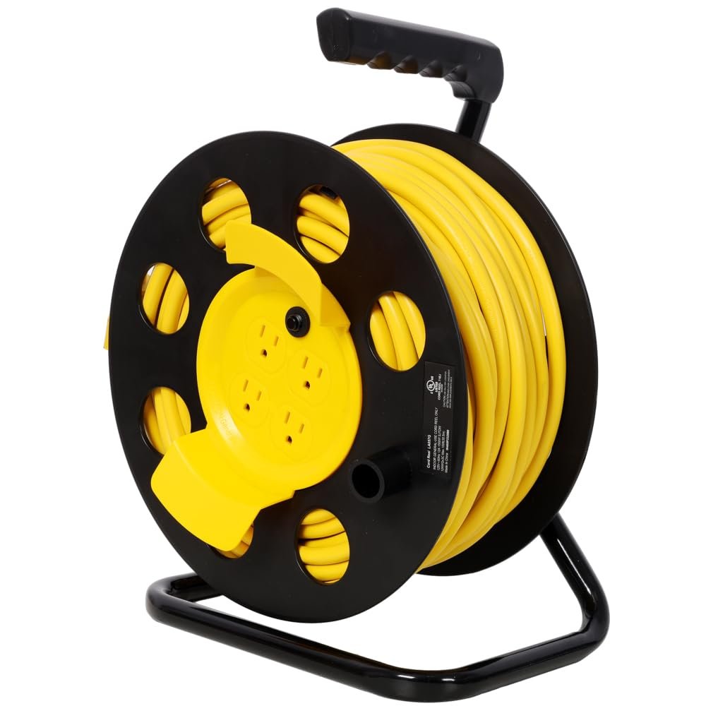 100FT Heavy-Duty Retractable Extension Cord Reel, 12AWG 12A Power Cord with 4 Outlets & Dust Covers, Portable Handle & Safety Overload Circuit Breaker (UL Certified, Yellow)