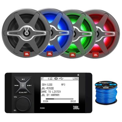 Marine Bluetooth AM/FM Stereo Digital Media Receiver, 4X 6.5 Multicolor LED OEM Replacement Speakers (White + Grey Grilles) w/Wire