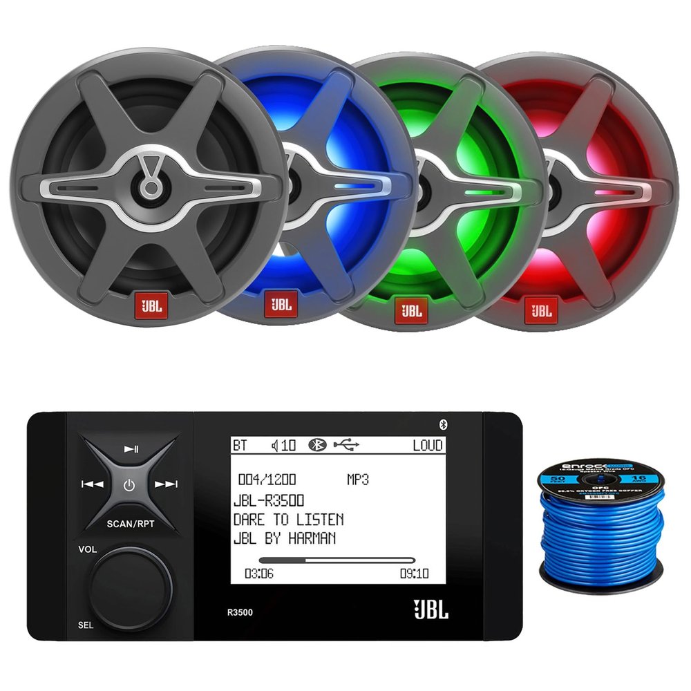 Marine Bluetooth AM/FM Stereo Digital Media Receiver, 4X 6.5 Multicolor LED OEM Replacement Speakers (White + Grey Grilles) w/Wire