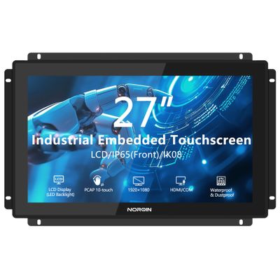 NORQIN 27 Inch Industrial Embedded IP65 Touchscreen Monitor - Open Frame,VESA Mount,10-Point Capacitive Touch,FHD 19201080 LCD Display,HDMI/VGA/DVI/USB Ports,for Vending Terminal Kiosk & HMI