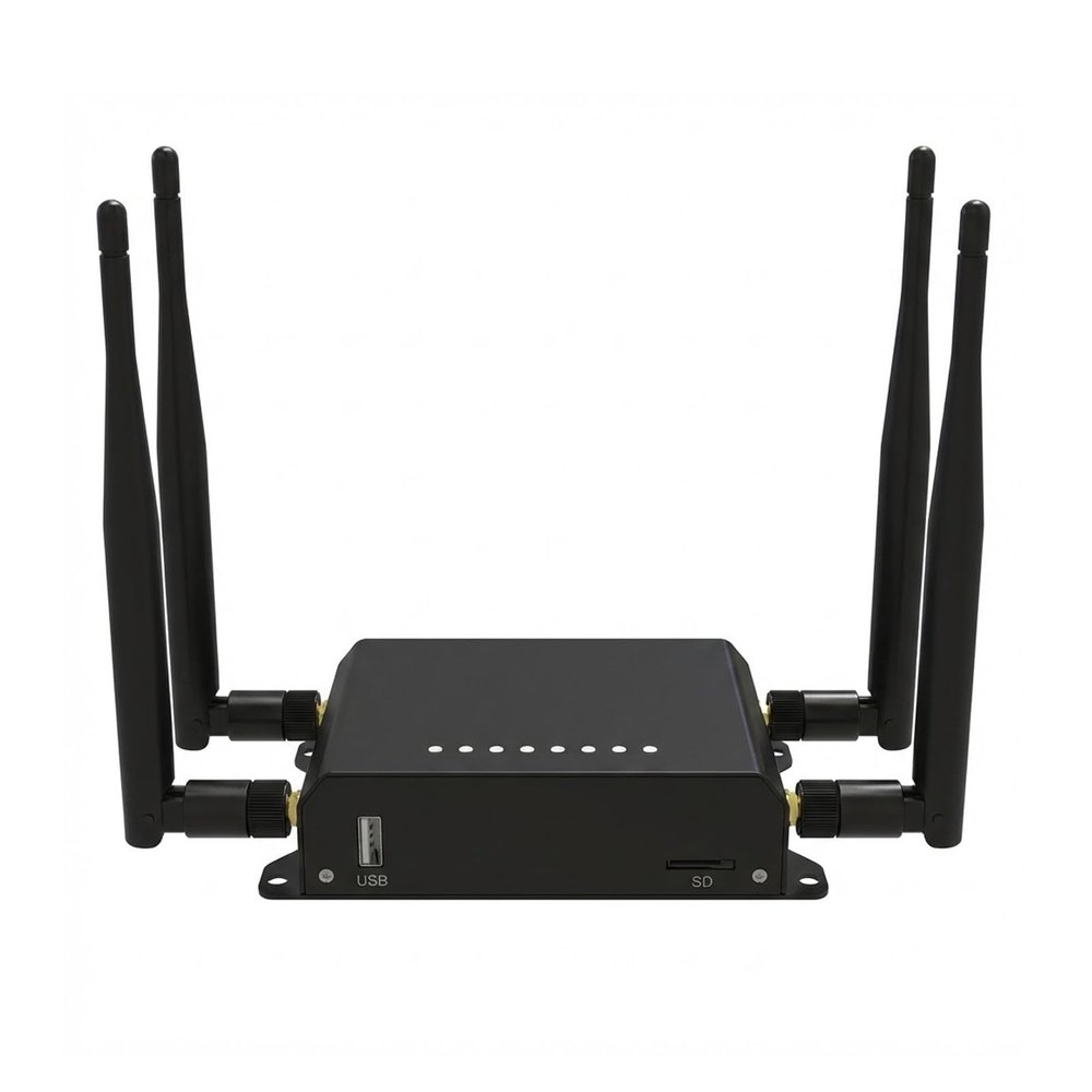Industrial 4G LTE CPE Router, 300 Mbps WiFi, 4 LAN Ports, USB and SD Card Slots, Dual Use Home and Vehicle, Black