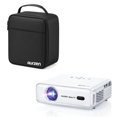 Aurzen D1R Smart Projector Bundle with Carrying Case, Roku Streaming Experience Built-in, 1080P FHD, Dolby Audio, White (2 Items)