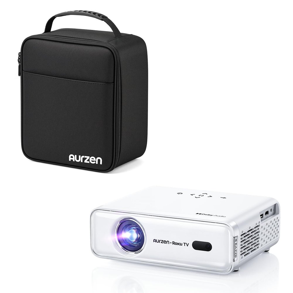 Aurzen D1R Smart Projector Bundle with Carrying Case, Roku Streaming Experience Built-in, 1080P FHD, Dolby Audio, White (2 Items)