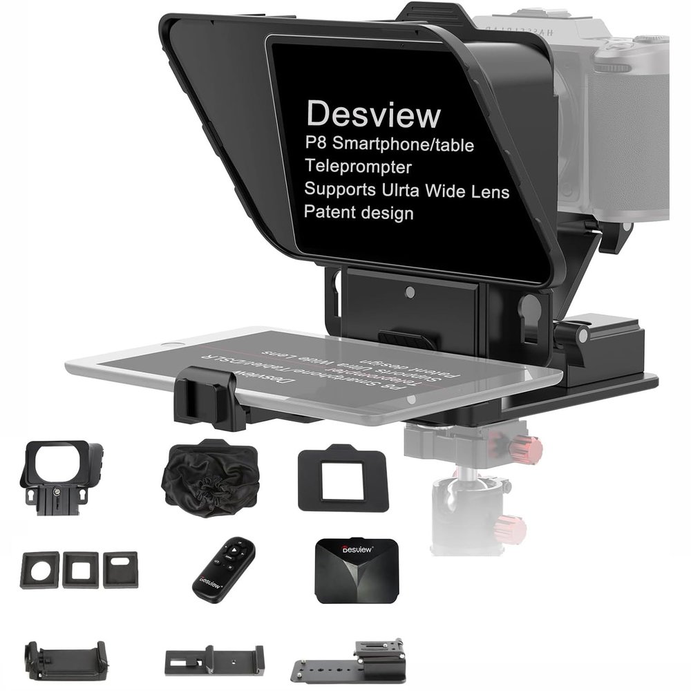 Desview P8 Teleprompter with Remote Control Work Foldable Design for Smartphone Camera, DSLR Webcam Tablet up to 11" Support for Live Streaming Video Recording YouTube TikTok Videos