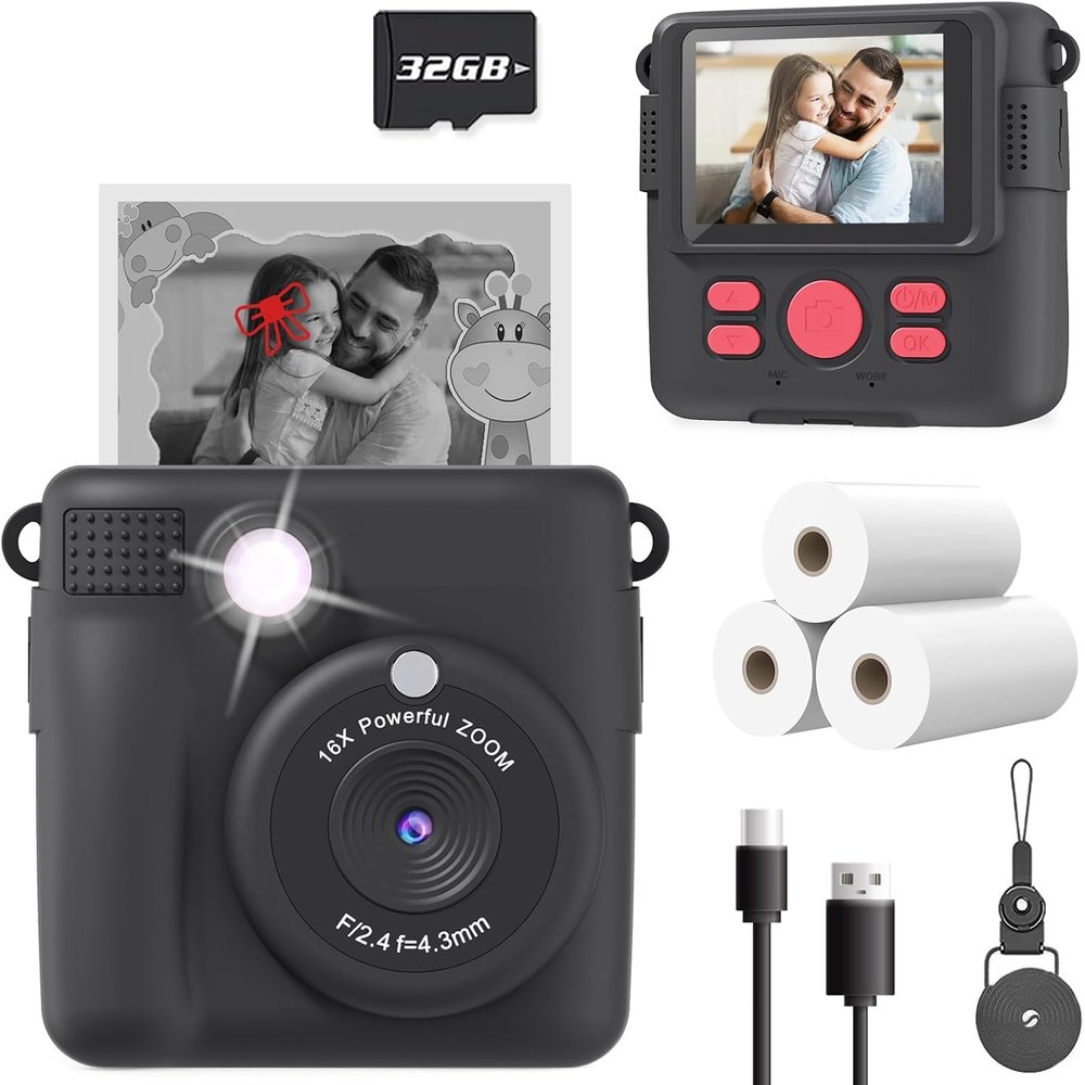 Instant Print Camera, 720P HD, Selfie Mode Digital Camera with DSE Cable Locker and Charging Cable Cam