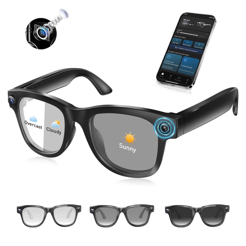 AI Smart Glasses with 4K Camera & Audio | Bluetooth Video Recording Sunglasses with ChatGPT Translation, Voice Control, EIS Stabilization, Object Recognition, Smart Glasses for Men & Women (Black-Q6)