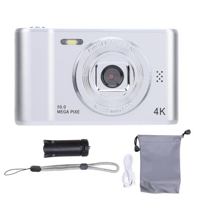 Digital Camera 50MP Dual Lens, Portable Compact Kids Camera Black - Self Adaptive Anti Shaking, 2.4 Inch Screen, Ideal for Photography Students Vlog (Silver)