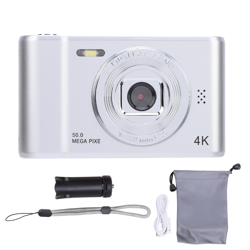 Digital Camera 50MP Dual Lens, Portable Compact Kids Camera Black - Self Adaptive Anti Shaking, 2.4 Inch Screen, Ideal for Photography Students Vlog (Silver)