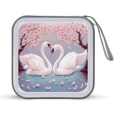 LPSBVNM 40-Sheet Capacity CD Case Storage Bag,White Swans with Pink Floral Tree Printed Large Capacity CD Protective Storage Organizer Portable DVD Case for Car, Home,Office,Travel