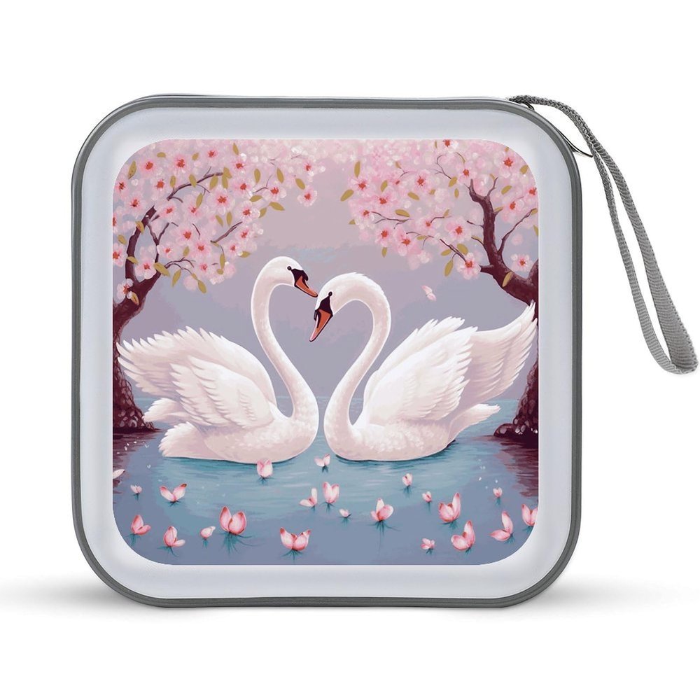 LPSBVNM 40-Sheet Capacity CD Case Storage Bag,White Swans with Pink Floral Tree Printed Large Capacity CD Protective Storage Organizer Portable DVD Case for Car, Home,Office,Travel