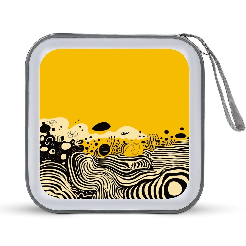 LPSBVNM 40-Sheet Capacity CD Case Storage Bag,Mustard Yellow And Black Printed Large Capacity CD Protective Storage Organizer Portable DVD Case for Car, Home,Office,Travel