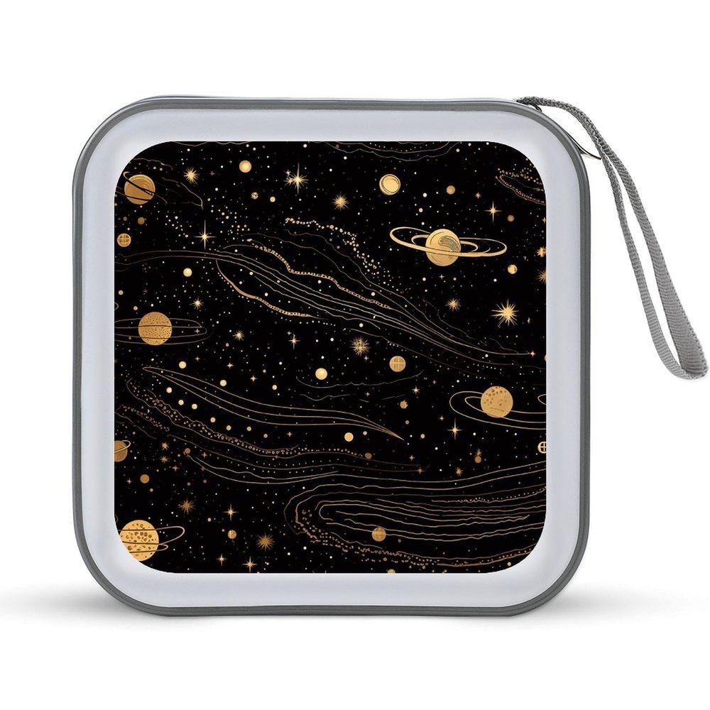 LPSBVNM 40-Sheet Capacity CD Case Storage Bag,Gold And Silver Space Themed Printed Large Capacity CD Protective Storage Organizer Portable DVD Case for Car, Home,Office,Travel
