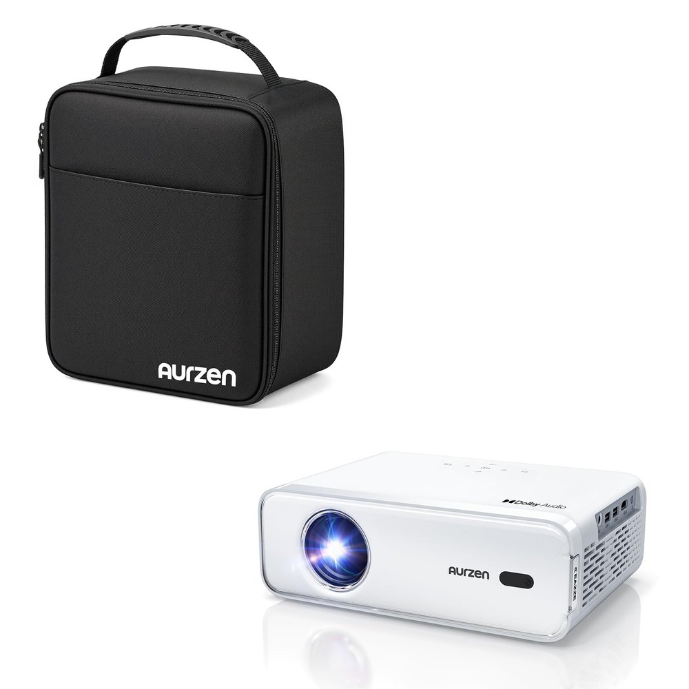 Aurzen EAZZE D1 Projector Bundle with Carrying Case, Netflix-Officially-Licensed, Auto Focus & Keystone, DoIby Audio, Native 1080P Movie, Portable Outdoor Mini Projector, White (2 Items)