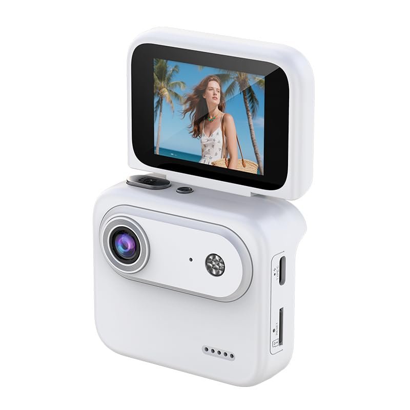 Tangxi Digital Camera with Flip Screen, First Person Perspective 1080P Portable Vlogging Camera, 143 Wide Angle, Handsfree POV Action Cameras for Travel (White)
