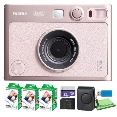 Fujifilm Instax Mini EVO Hybrid Instant Camera (Gentle Rose) + Fuji Instax-Mini Film 60 Exposures + 32GB Memory Card + Custom Mini-Evo Case and Accessory Bundle