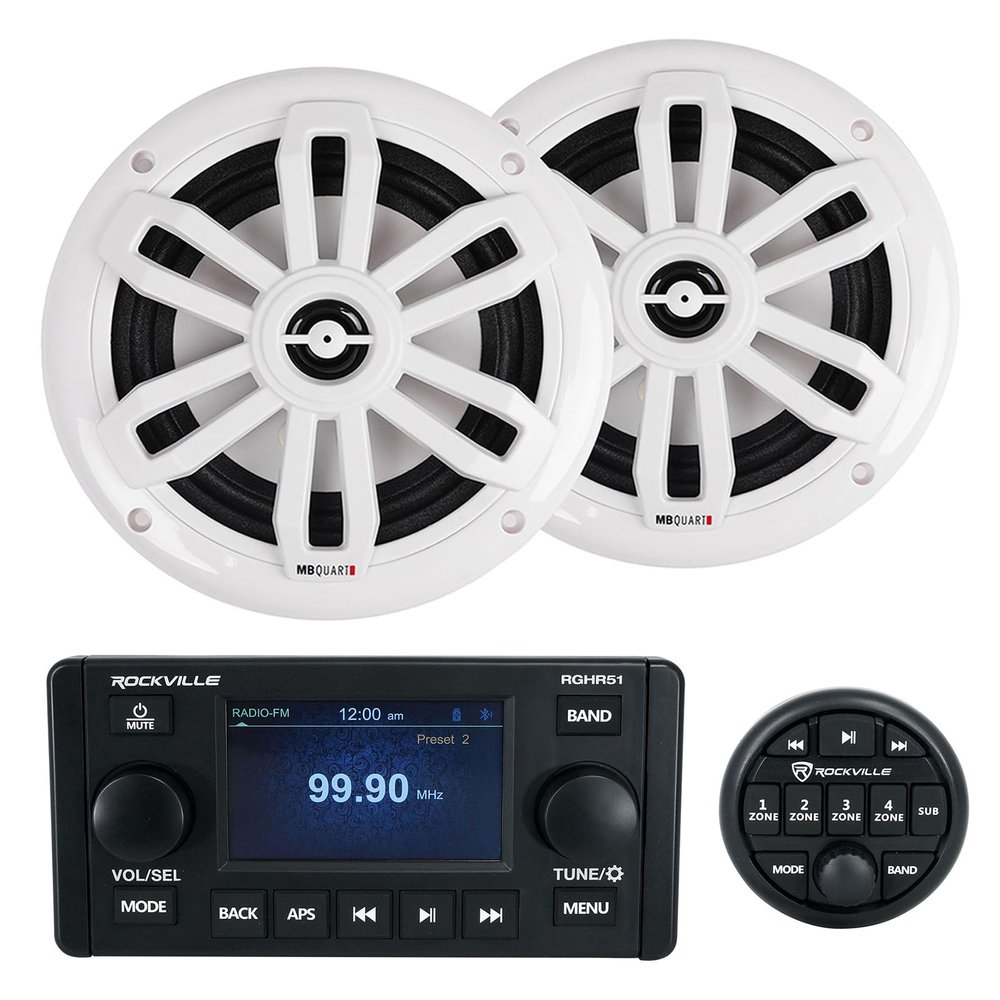 Rockville RGHR51 Bundle: 5-Zone Single Din Marine Bluetooth Receiver with Wired Remote, Pair NF1-116SW 6.5-in Ultra Slim Speakers 40W RMS/80W Peak White, 2-Items