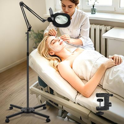 HITTIT 12X Large Floor Magnifying Glass with Light and Stand, 5-Inch Real Glass Lens, 4-Wheel Rolling, Adjustable Height, Dust Cover, Estheticians Lamp for Extension Eyelash, Facial, Sewing, Tattoo