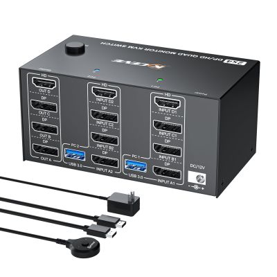 4 Monitors 2 Computers KVM Switch 8K@60Hz/4K@120Hz, Reyoten HDMI DP KVM Switches for 2 Computers Sharing 4 Monitors and Keyboard Mouse with Power Adapter, Wired Extend Controller and USB Cables