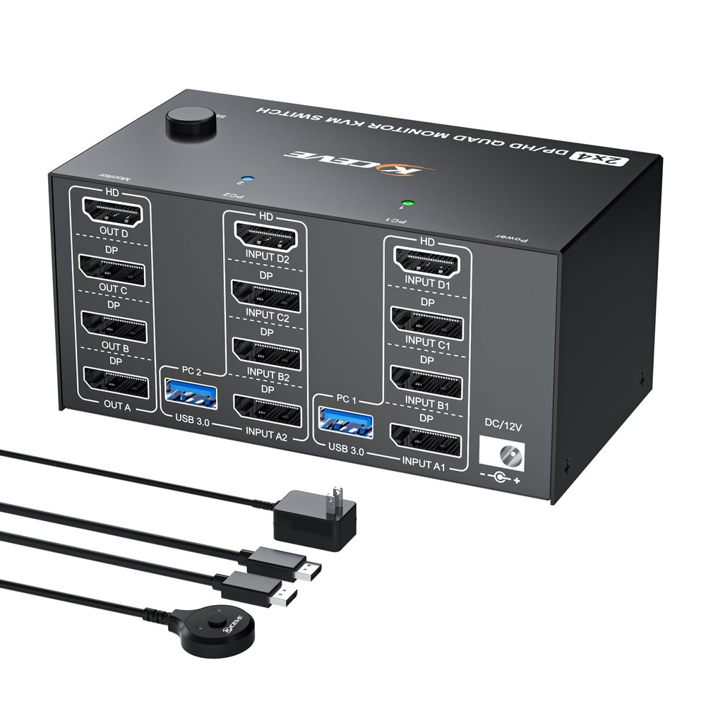 4 Monitors 2 Computers KVM Switch 8K@60Hz/4K@120Hz, Reyoten HDMI DP KVM Switches for 2 Computers Sharing 4 Monitors and Keyboard Mouse with Power Adapter, Wired Extend Controller and USB Cables