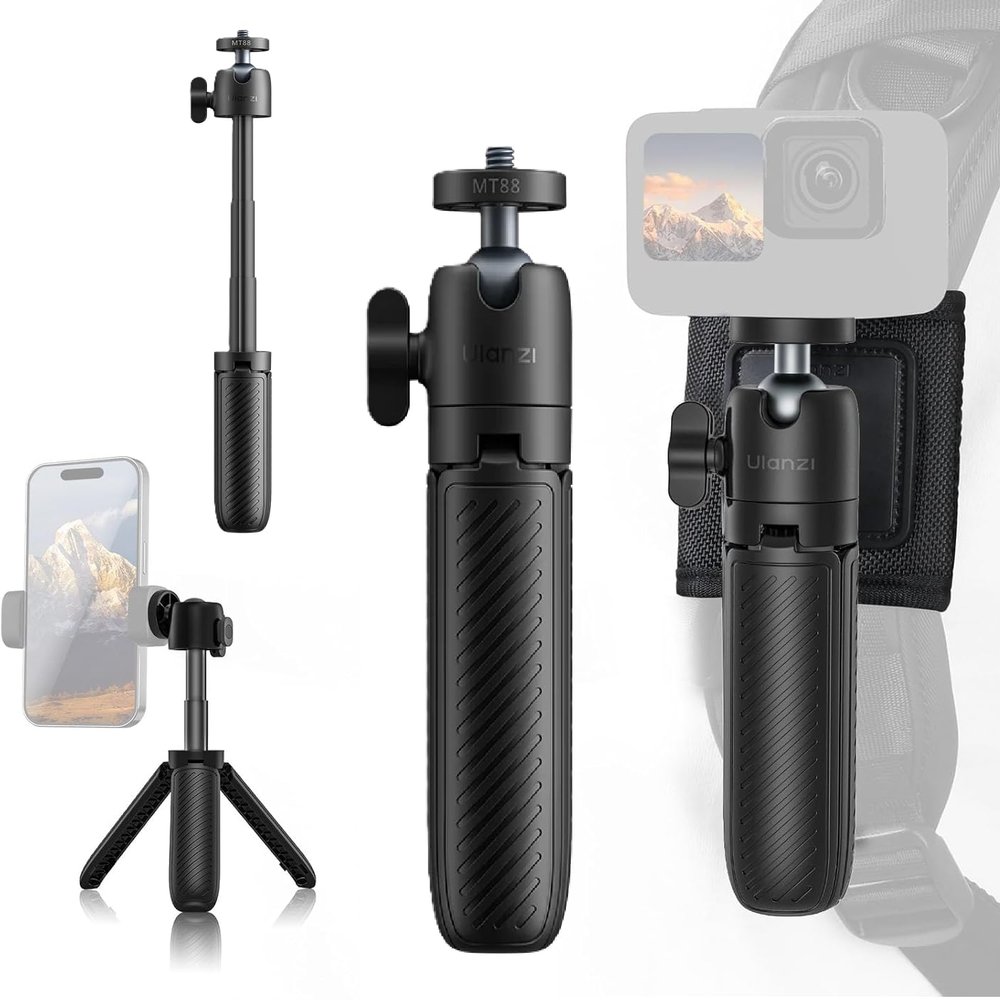 Ulanzi MT88 Mini Camera Tripod, 3-Stage Telescopic Selfie Stick Tabletop Tripod with Strap, 360 Degree Free Head Mount, 1/4 Screw, Portable for OsmoPocket, Insta360ace, GoPro, Sony, Canon, Nikon