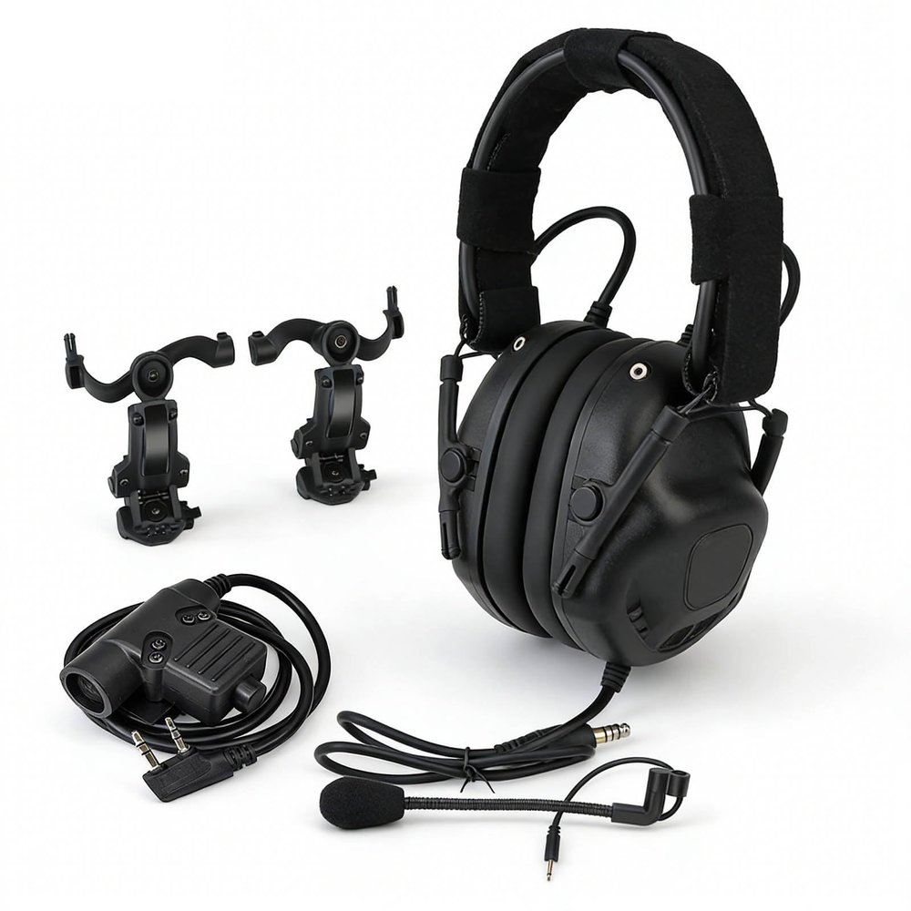 Tactical Head-Mounted & Helmet-Mounted Headset with U94 PTT 2pin Helmet Mount Adapter No Noise Reduction(Bk)