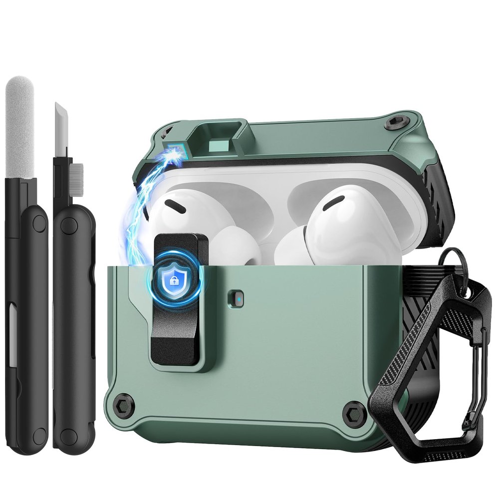TiMOVO Case for Airpods Pro 3 (2025) with Secure Lock Clip, Automatic Pop-up Full Drop Protective Hard Cover for Apple AirPod Pro 3rd Generation with Climbing Hook & Cleaning Kit, Cyan+Black