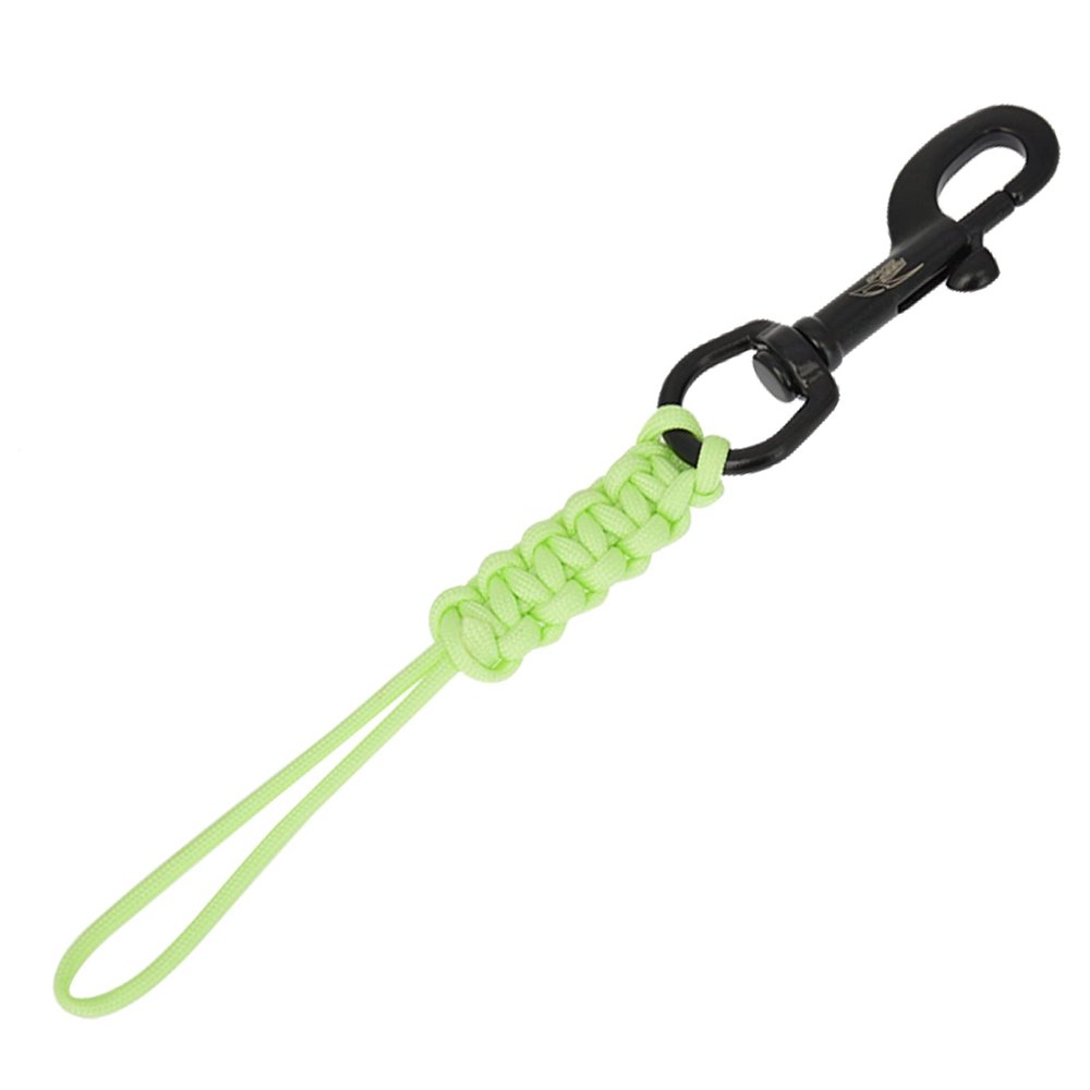 Funien Scuba Diving Stainless Steel Snap Hook with Antilost Safety Rope and Clamp/Holder for Fixing Flashlight and Reel on BCD Equipment, White (Luminous Green)
