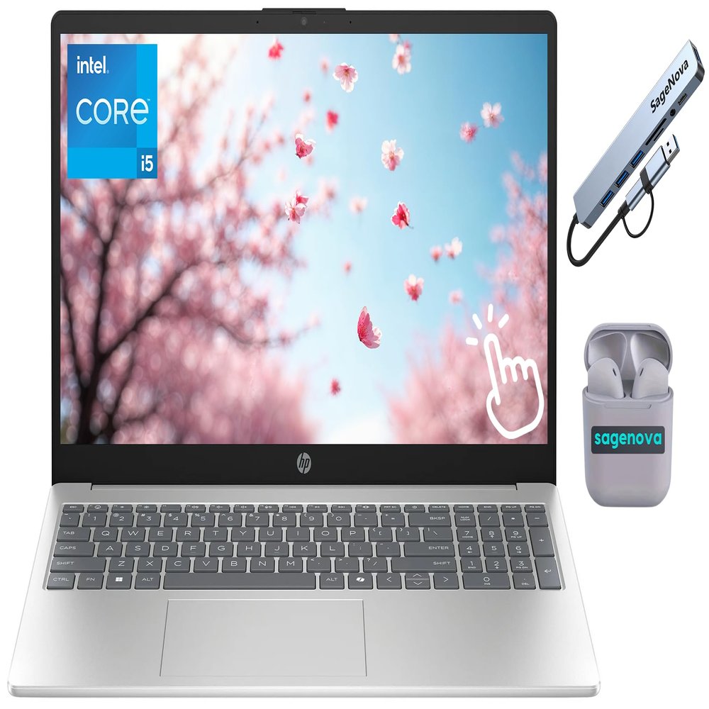 HP Business Laptop Computer, 15.6" Touchscreen FHD IPS Display, 10-Core Intel Core i5, 16GB RAM 1TB Storage (512GB SSD + 512GB Docking Station Set), Windows 11, SageNova Earphones, Silver