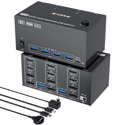 4 Monitors 2 Computers KVM Switch, Reyoten 2 Computers Share 4 Monitors 4K@120Hz KVM Switch,8K60Hz Keyboard & Mouse 2 HDMI+ 2 DP Inputs, USB 3.0, Wired Remote & USB 3.0 Cables Included