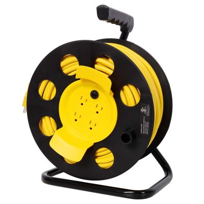 100ft Roll Up Retractable Extension Cord Reel, 12AWG SJTW Electic Power Cord Reel with 4 Outlets, Circuit Breaker/Portable Handle/Dust Cover, UL Listed