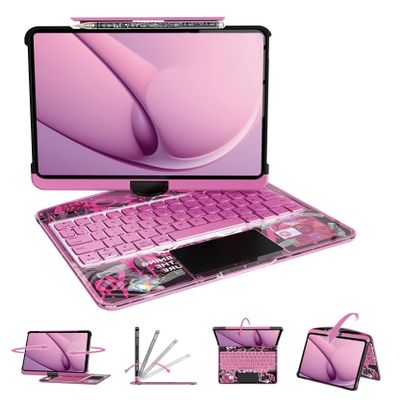 voogil Transparent Case with Wireless Keyboard for 10.9in iPad 10th, 3-Brightness & 7-Color, 360Rotating,trackpad, Pencil Holder, Power Indicator, Pink(Without Stylus Pen)