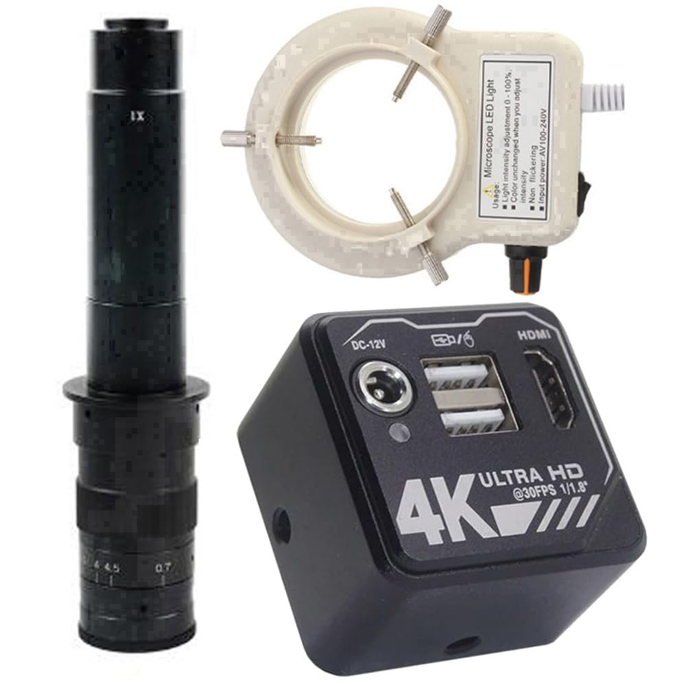 4K 8MP 1080P 60FPS HDMI USB Industry Microscope Camera & 300X C-Mount Lens with 56-LED Adjustable Ring Light