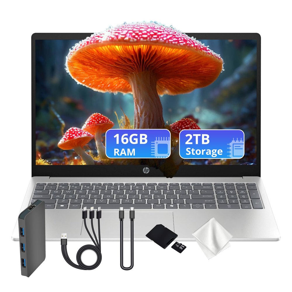 HP 15.6" HD Laptop, Intel i5-1334U, 16GB RAM, 2TB Storage (1TB SSD+1TB Docking Station Set), Intel UHD Graphics, Copilot, Full Size Keyboard, Wi-Fi 6, HD Camera, Windows 11 Home, Silver
