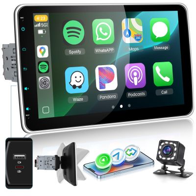 10 inch Single Din Car Stereo with Carplay Wireless/Wired Android Auto Detachable Screen YouTube Online Video FM/RDS MirrorLink SWC EQ, Single Din Bluetooth Radio with USB/Type-C Backup Camera