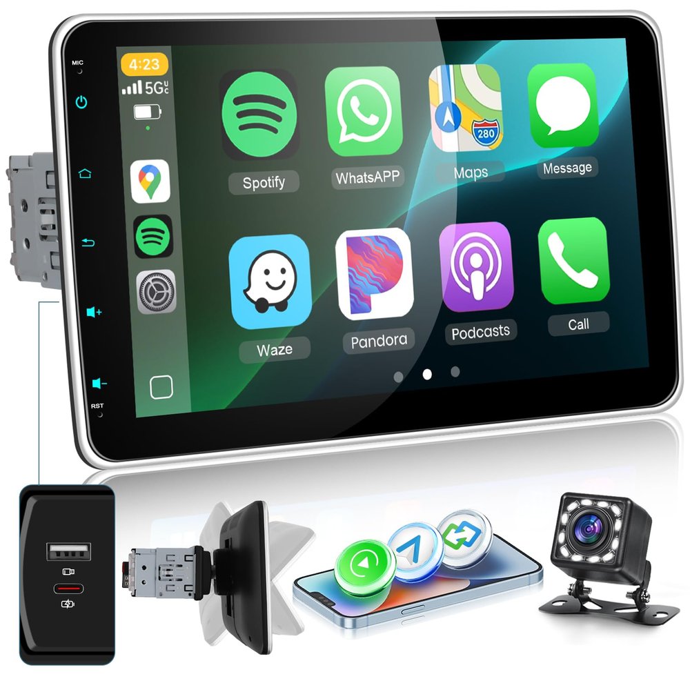 10 inch Single Din Car Stereo with Carplay Wireless/Wired Android Auto Detachable Screen YouTube Online Video FM/RDS MirrorLink SWC EQ, Single Din Bluetooth Radio with USB/Type-C Backup Camera