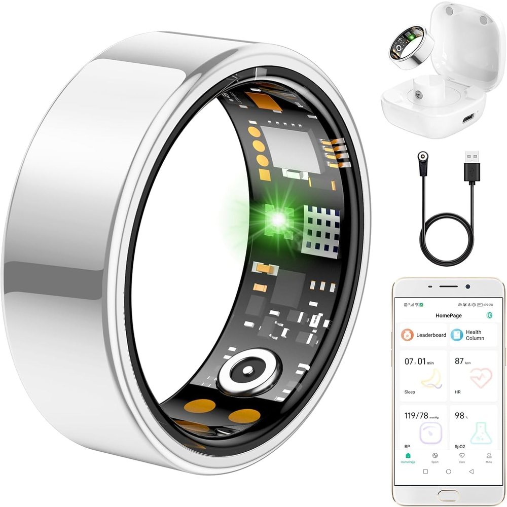 Ring Health Tracker for Women Men, Fitness Ring with Heart Rate,Blood Oxygen,Sleep Monitor,Calories, Step Counter, IP68 Waterproof Smart Ring for iPhone & Android, No Subscription Fee (Silver, 12#)
