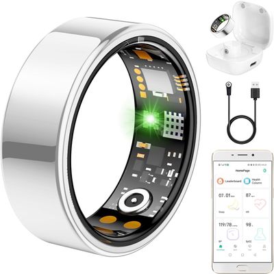 Ring Health Tracker for Women Men, Fitness Ring with Heart Rate,Blood Oxygen,Sleep Monitor,Calories, Step Counter, IP68 Waterproof Smart Ring for iPhone & Android, No Subscription Fee (Silver, 7#)