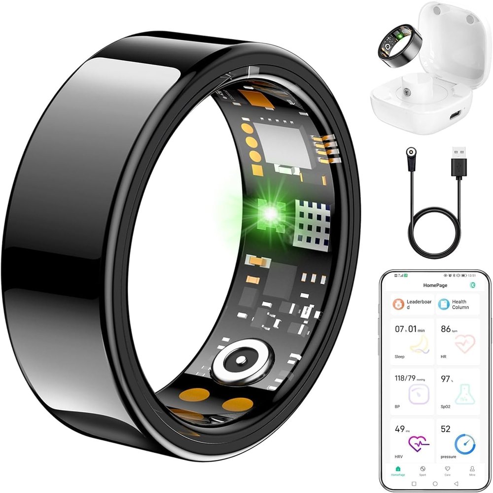 Ring Health Tracker for Women Men, Fitness Ring with Heart Rate,Blood Oxygen,Sleep Monitor,Calories, Step Counter, IP68 Waterproof Smart Ring for iPhone & Android, No Subscription Fee (Black, 13#)