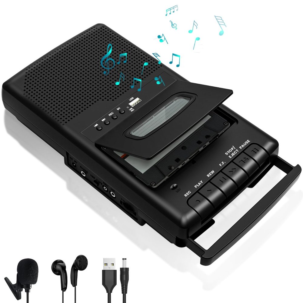 Portable Cassette Player and Recorder Converter, Convert Cassette to Digital & Save to USB Drive, Audio Tape Recorder with Retractable Handle, Independent Microphone, Built-in Speaker