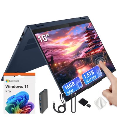Lenovo IdeaPad 5 16" WUXGA Touch 2-in-1 Laptop, AMD Ryzen AI 7 350, AMD Radeon 860M, 16GB LPDDR5X, 1.5TB Storage (512GB SSD&1TB Docking), Backlit Keyboard, FHD IR Camera, Wi-Fi 7, Win 11 Pro, Blue