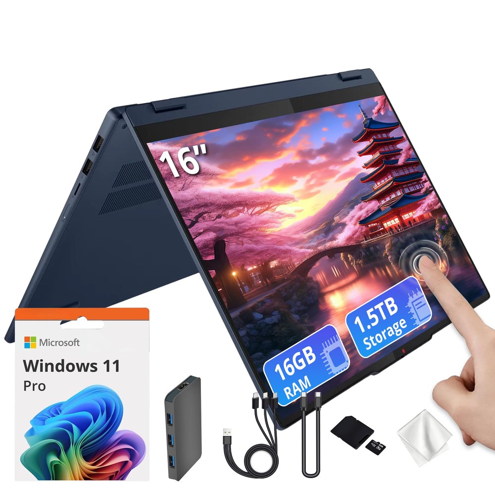 Lenovo IdeaPad 5 16" WUXGA Touch 2-in-1 Laptop, AMD Ryzen AI 7 350, AMD Radeon 860M, 16GB LPDDR5X, 1.5TB Storage (512GB SSD&1TB Docking), Backlit Keyboard, FHD IR Camera, Wi-Fi 7, Win 11 Pro, Blue