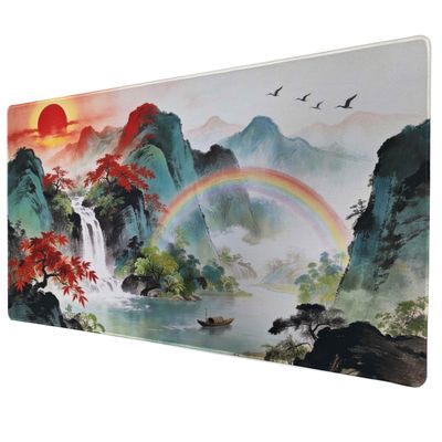 Large Mouse Pad Desk Mat,Non-Slip Extended Gaming Office Desk Pad with Red Maple Leaves Rainbow Waterfall Asian Mountain Landscape,31.1x15.7 Stitched Edge Rubber Base Thick Cloth Surface Keyboard Mat