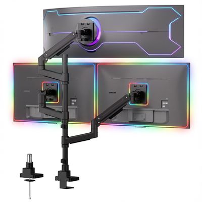 Mount-It! Heavy-Duty 2+1 Triple Monitor Mount, Stacked Ultrawide Desk Monitor Arm for One 49 Screen + Two 35 Monitors, 44 lb Gas Spring Arms, Clamp & Grommet Mount